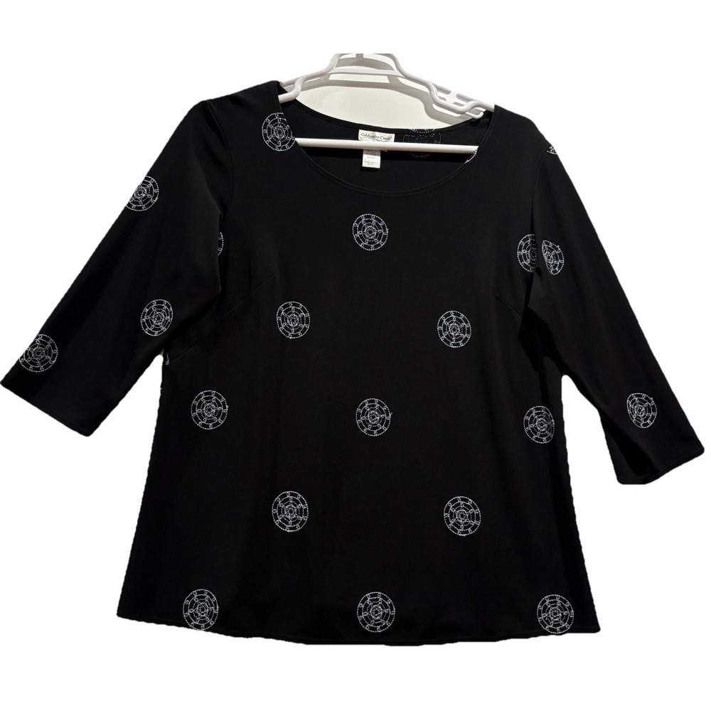 Coldwater Creek Top Women's Size 1X‎ Black Embroidered Circle Pattern 3/4 Sleeve